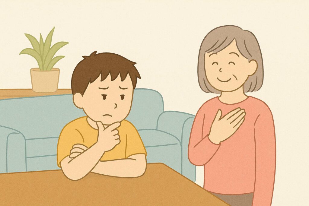 テーブル越しに考え込む子どもと、優しく語りかける母のイラスト。心配とやさしさが伝わる一コマ。
