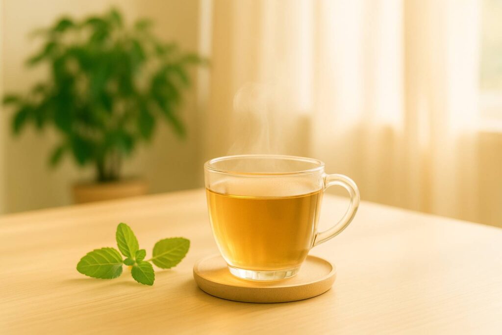 ハーブティーの湯気とミントの葉が並ぶ、静かな整え時間のひととき