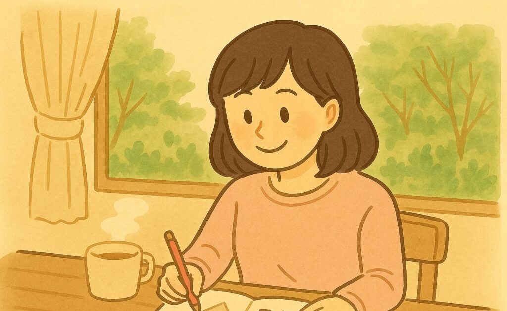 ライフプランを考える時間を象徴する、落ち着いた室内でノートを書く女性のイラスト。整え文化や人生設計のコンテンツにぴったりのイメージ素材です。
