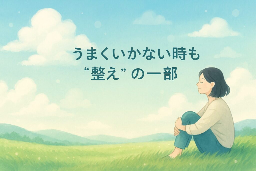 うまくいかない時も整えの一部|青空の下で静かに整う女性のイラスト